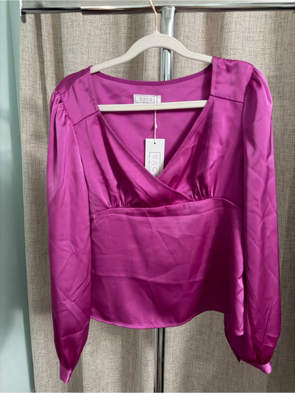 Sage Magenta Satin V-Neck Long-Sleeve Blouse